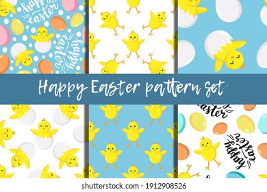 Happy Easter seamless patterns set of 6 with chicken and eggs. Spring season holidays quotes and phrases for cards, banners, posters, mug, scrapbooking, pillow case, phone cases and clothes design. 