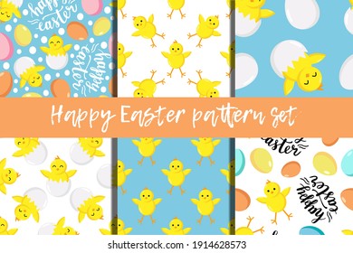 Happy Easter seamless patterns set of 6. Spring season holidays quotes and phrases for cards, banners, posters, mug, scrapbooking, pillow case, phone cases and clothes design. 