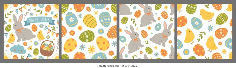 Happy Easter seamless patterns set. Holiday collection of backgrounds with eggs, chickens, bunnies and flowers on white background. Vector flat illustration for wallpaper, textile, packaging