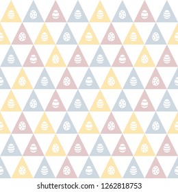 Happy Easter seamless repeat vector pattern with various stylized painted eggs. Colorful geometric regular texture with triangles. Flat style holiday dim blue, pink, yellow background, border template