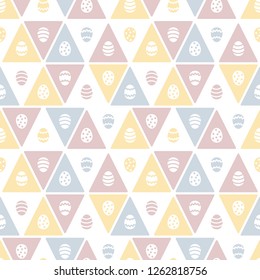 Happy Easter seamless repeat vector pattern with various stylized painted eggs. Colorful geometric regular texture with triangles. Flat style holiday dim blue, pink, yellow background, border template