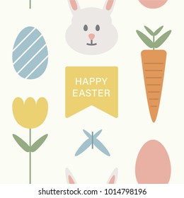 Happy Easter seamless vector pattern with bunny, eggs, tulip flowers, butterfly and text. Spring theme, holiday concept.