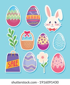 tarjeta feliz de la temporada de Semana Santa con huevos pintados y set iconos diseño de ilustraciones vectoriales