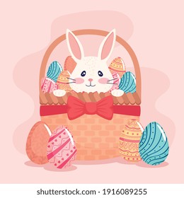 Frohe Ostersaisonkarte mit Kaninchen und Eiern, in Vektorgrafik-Korb gestrichen