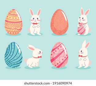 happy easter season card with set of four eggs and rabbits vector illustration design