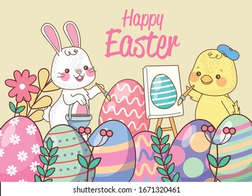 happy easter seasonal card with chick and rabbit and eggs painted vector illustration design
