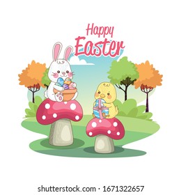 happy easter seasonal card with chick and rabbit in fungus vector illustration design