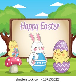 happy easter seasonal card with chicks and rabbit in the field vector illustration design