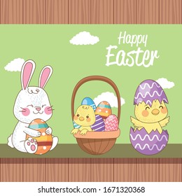 happy easter seasonal card with chicks and rabbit in the field vector illustration design