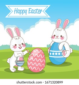 happy easter seasonal card with eggs in the field vector illustration design