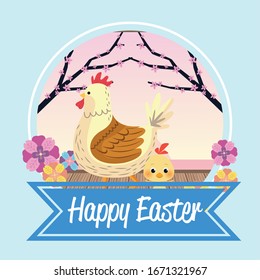 happy easter seasonal card with hen and little chick vector illustration design