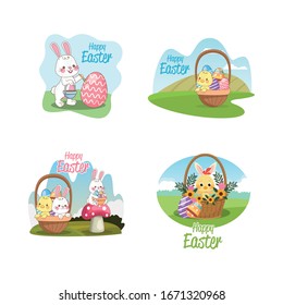 happy easter seasonal card set scenes vector illustration design