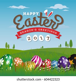 Happy Easter Season's Greeting Card 2017. Painting Eggs Hidden on Grass With Easter Typographic Background. Vector illustration  