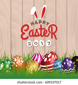 Happy Easter Season's Greeting Card 2017. Painting Eggs Hidden on Grass With Easter Typographic Background. Vector illustration