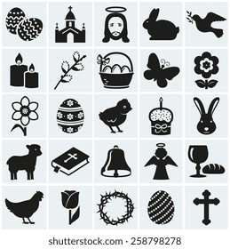 Happy Easter! Set of 25 holidays, religious and concept symbols. Collection of silhouette black elements for your design. Vector illustration. 