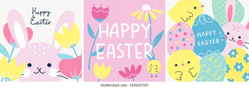 Happy Easter! Set of 3 square greeting cards or banner templates for spring holiday celebration. Cute Easter bunnies, chickens and painted eggs in colorful cartoon style. Elements are isolated.