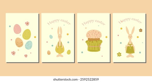 Happy Easter Set of 4 card, poster or banner templates in colorful style. Vector illustration of cute Easter bunnies  for celebration of the spring holiday