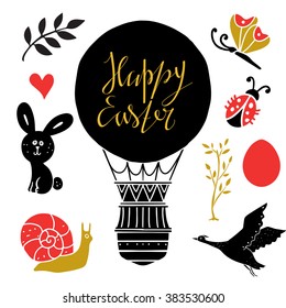 Happy Easter set. Background with calligraphic text, hand drawn hot air balloon, tree, egg, butterfly, rabbit, bird, snail, ladybug, heart isolated