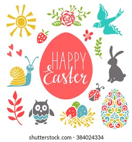 Happy Easter set. Background with calligraphic text, hand drawn rose flower, eggs, rabbit, bird, snail, ladybug, owl, nest, sun, strawberry, hearts isolated