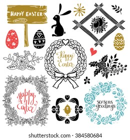 Happy Easter set. Background with calligraphic text, hand drawn eggs, rabbit, flowers, frames, wooden sign, chicken isolated