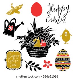 Happy Easter set. Background with calligraphic text, hand drawn flower, eggs, bird, nest, chicken, water can isolated