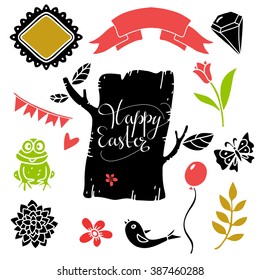 Happy Easter set. Background with calligraphic text, hand drawn flowers, bird, air balloon, ribbon, heart, flags, butterfly, gem, leaves, frog, tree isolated