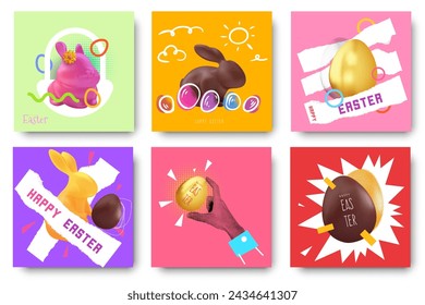 Feliz Pascua. Establecer composición de fondo para tarjeta, cubierta, póster en estilo abstracto moderno brillante. Colección festiva de collages de arte pop. Ilustración vectorial de vacaciones.