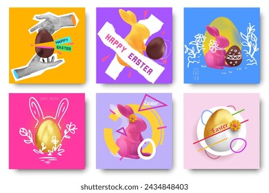 Feliz Pascua. Establecer composición de fondo para tarjeta, cubierta, póster en estilo abstracto moderno brillante. Colección festiva de collages de arte pop. Ilustración vectorial de vacaciones.