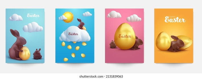Happy easter set background for greeting card, banner, poster, cover, flyer. Collection festive design template in cute cartoon 3d style. Vector illustration.