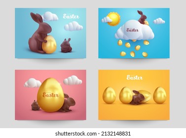 Happy easter set background for greeting card, banner, poster, cover, flyer. Collection festive design template in cute cartoon 3d style. Vector illustration.
