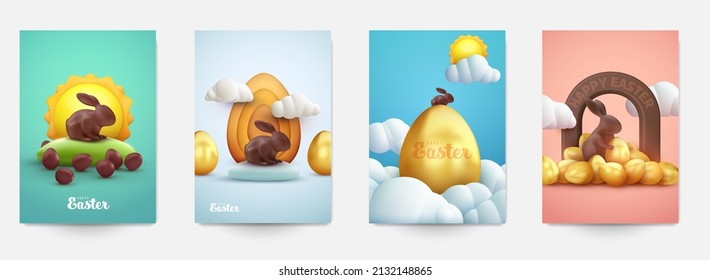 Happy easter set background for greeting card, banner, poster, cover, flyer. Collection festive design template in cute cartoon 3d style. Vector illustration.