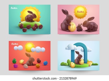 Happy easter set background for greeting card, banner, poster, cover, flyer. Collection festive design template in cute cartoon 3d style. Vector illustration.