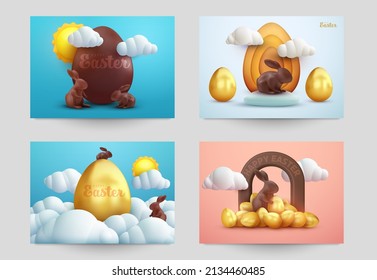 Happy easter set background for greeting card, banner, poster, cover, flyer. Collection festive design template in cute cartoon 3d style. Vector illustration.