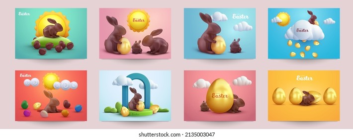 Happy easter set background for greeting card, banner, poster, cover, flyer. Collection festive design template in cute cartoon 3d style. Vector illustration.
