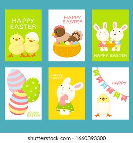 Happy Easter. Set of Easter banner, background, flyer, placard with cute bunnies, chicken and eggs. Holiday poster, vector template card, sticker for greeting, decoration, congratulation, invitation. 