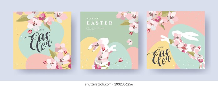 Happy Easter Set of banners, greeting cards, posters, holiday covers. Trendy design with typography, spring apple flowers, dots, eggs and bunny in pastel colors. Modern art minimalist style.