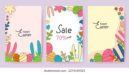 Happy Easter set of banners, greeting cards, posters, holiday covers. Holiday sale. Minimalist contemporary art style. Vector