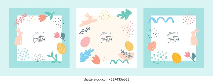 Feliz Pascua. Juego de banners, tarjetas de felicitación, afiches, portadas de vacaciones. Diseño abstracto moderno con tipografía, garabatos, huevos y conejito, formas naturales orgánicas. Estilo moderno y minimalista.