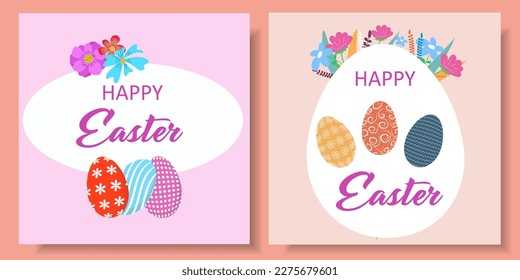 Happy Easter set of banners, greeting cards, posters, holiday covers. Trendy design with typography, hand painted plants, dots, eggs and pastel colors. Minimalist contemporary art style.
