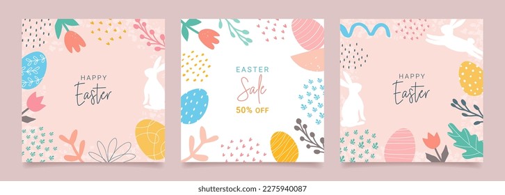 Happy Easter. Set of banners, greeting cards, posters, holiday covers. Modern abstract design with typography, doodles, eggs and bunny, organic nature shapes. Trendy minimalist style.