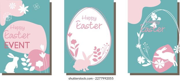 Happy Easter. Set of banners, greeting cards, posters, holiday covers. Trendy design with typography, plants, eggs and bunny, in pastel colors