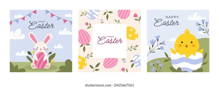 Happy Easter Set of banners, greeting cards, posters, holiday covers. Cute design with chick, eggs and bunny in pastel colors. Flat vector illustration.