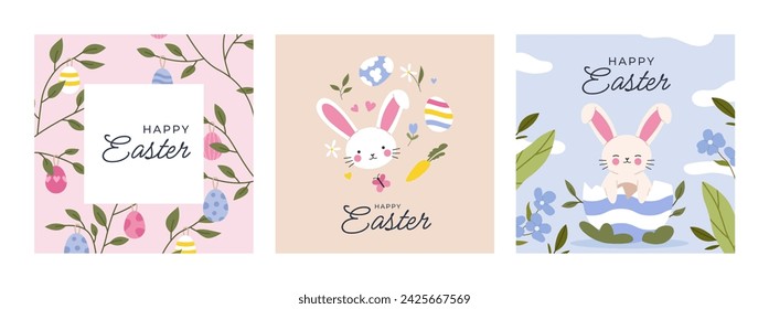 Happy Easter Set of banners, greeting cards, posters, holiday covers. Cute design with chick, eggs and bunny in pastel colors. Flat vector illustration.