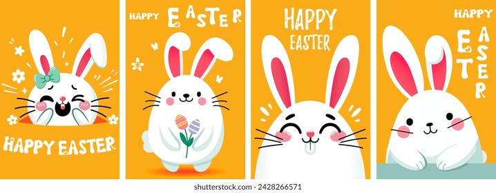 Happy Easter Set of banners, greeting cards, posters, holiday paschal covers. Set of easter bunny. Flat vector design with white Easter rabbit on a yellow background. Easter Set cards minimalist style