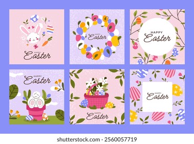 Happy Easter Set of banners, greeting cards, posters, holiday covers. Trendy design with typography, eggs, bunnies, flowers and plants.