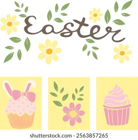 Feliz Pascua Conjunto de Anuncios, tarjetas de felicitación, carteles, cubiertas de vacaciones. Diseño de moda con tipografía, plantas pintadas a mano, pasteles de taza en colores pastel. Estilo minimalista de arte moderno.