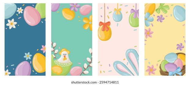 Happy Easter. Set of banners, greeting cards, posters, holiday covers. Easter design with eggs, bunny, chicken, flowers, bow and nest. Trendy minimalist style. Vector set for invitation.