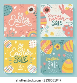 Felices Fiestas de Pascua de carteles, portadas de las redes sociales de vacaciones. Diseño moderno y bonito con letras, flores de primavera, estrellas, huevos y conejo en colores pastel. Diseño vectorial minimalista moderno para tarjetas, carteles