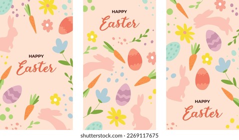 Happy Easter Set of banners, posters, greeting cards, stories, holiday covers. Trendy design with typography, hand painted plants, bunny, eggs and dots in pastel colors. Modern art minimalist style.