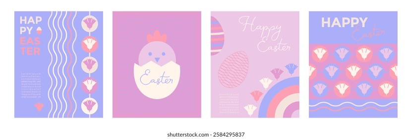 Happy Easter set of banners, posters in pastel colors. Greeting cards and cover design with flowers, Easter eggs, chickens and typography in a flat geometric style